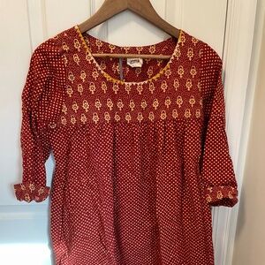 Mata Traders Red & Gold Block Print Babydoll Dress | M